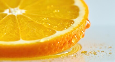 Wall Mural - Fresh citrus orange slice with dripping juice on bright background