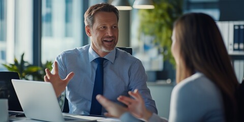 Poster - The Business Meeting takes place in a modern office setting, fostering engaging conversations among participants, which encourages collaboration, communication, and innovative thinking within teams