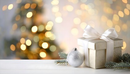 silver gift box and silver bauble ornaments with fir branches on white tabletop on blurred christmas