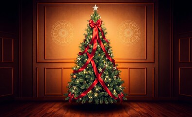 Christmas tree, ornate decorations, glowing lights, red ribbon, warm ambiance, wooden floor, paneled walls, festive atmosphere, golden glow, traditional holiday decor, cozy interior, evergreen branche