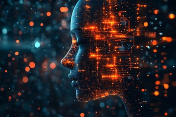 Aufkleber - A digital rendering of a human face made of glowing circuit boards against a dark background with blurred lights.