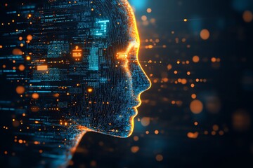 Aufkleber - A digital representation of a human face, composed of glowing data streams.