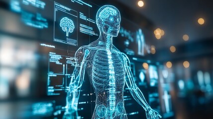 Aufkleber - A digital representation of a human skeleton and brain in a futuristic setting.