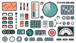 © Tartila - Retro dashboard UI. Futuristic spaceship control panel with dials knobs switches and indicators, vintage sci-fi game screen. Vector illustration