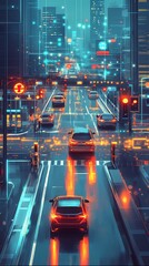 Aufkleber - A futuristic city street with cars driving on a road with glowing lines and traffic lights.