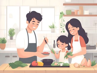 Young family cooking healthy food together in the kitchen