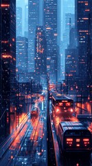 A futuristic city with tall buildings and a train running through the middle of the city.