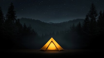 Wall Mural - A small yellow tent is lit up in the dark woods