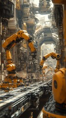 Fototapete - A futuristic factory with robotic arms working in a complex and intricate environment.