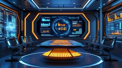 Fototapete - A futuristic conference room with a large screen displaying data and charts.