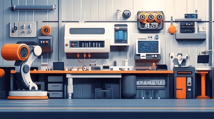 Fototapete - A futuristic industrial workspace with various machines, tools, and equipment.