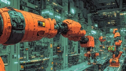 Fototapete - A futuristic factory with robotic arms working on an assembly line.