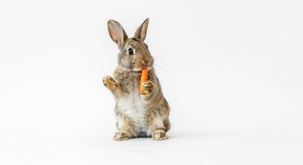 adorable rabbit standing holding carrot on white background
