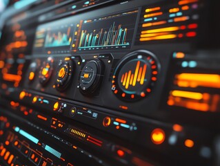 Fototapete - A futuristic user interface with a variety of colorful gauges and dials.