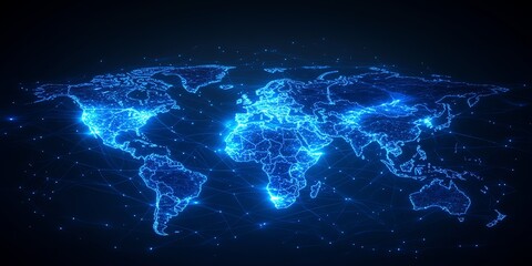 Fototapete - A glowing blue digital world map with connecting lines against a black background.