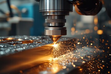 Poster - Industrial laser cutter cutting metal with sparks flying in workshop