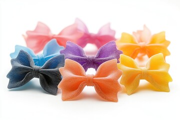 Colorful farfalle pasta bow ties arranged on white background