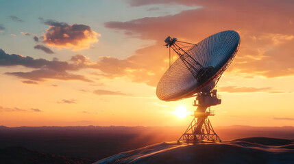 Wall Mural - sunset over a landscape with a giant satellite dish, symbolizing the future of communication technol
