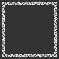 Wall Mural - Square frame made of different sized hand drawn hatched triangles. White on black. Vector illustration