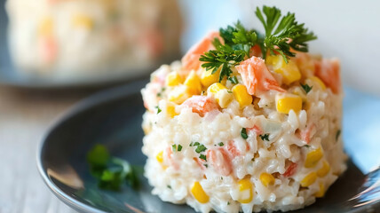 Wall Mural - Delicious Russian salad featuring rice, crab sticks, and corn served on a small salad plate, perfect for a light meal or appetizer