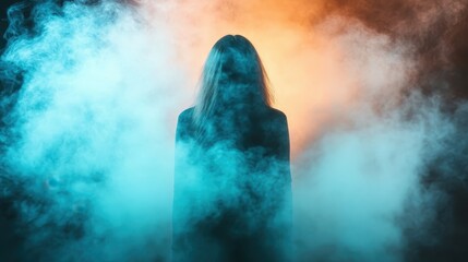 A mysterious silhouette stands enveloped in vibrant blue and orange smoke, creating a dramatic and enigmatic atmosphere, blending color and shadow beautifully.