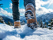 © Deea Journey  - hiking boots in the forest / woods trail hiking in the snow, outdoor sports in winter time