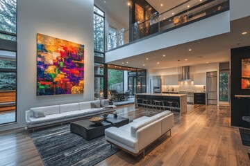 Wall Mural - Stylish contemporary open plan living area featuring high ceilings, white sofas, and a vibrant abstract painting, creating a luxurious and artistic atmosphere