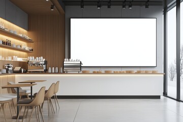 Modern cafe storefront in food court featuring sleek counter and large blank white screen 