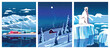 © alaver - Vector Set of 3 winter season landscapes.  Arctic Polar Ocean Northern European Winter Poster.  Trendy handmade drawing vector illustration.