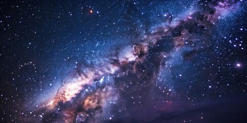 Wall Mural - the camera captures a vast expanse of dark blues and purples, punctuated by tiny stars and galaxies 