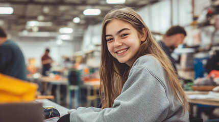 Aufkleber - Young woman happily sitting in a bustling workshop with colleagues in the background