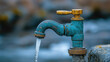 © Adamandgirls - Water Rights and Usage. A rusty blue faucet with running water, set against a blurred natural background, highlighting water flow and vintage plumbing elements.