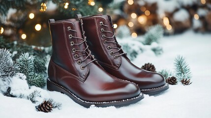 Wall Mural - Vintage-style leather boots in deep brown, isolated with a light dusting of frost and evergreen details