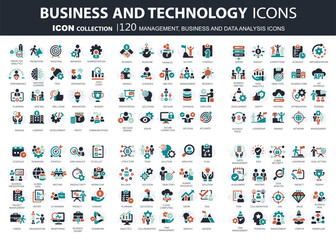 business, data analysis, organization management and technology icon set. teamwork, strategy, planni