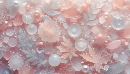 Wall Mural - Soft pastel glitter texture with delicate jelly leaves and icy accents, floral pink background postcard