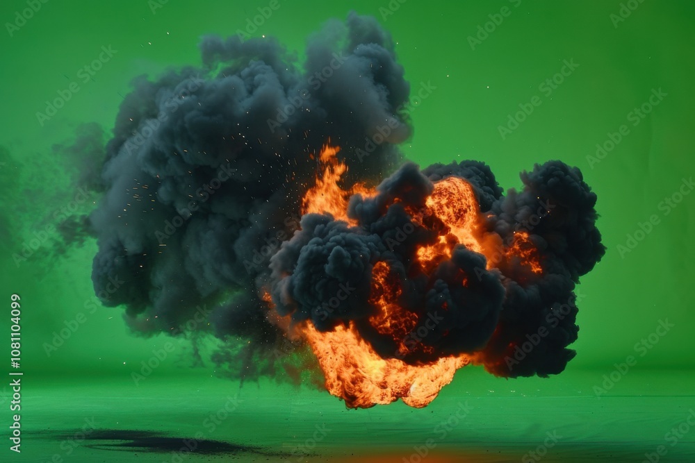 Large fireball with black smoke. fiery explosion with smoke isolated on ...