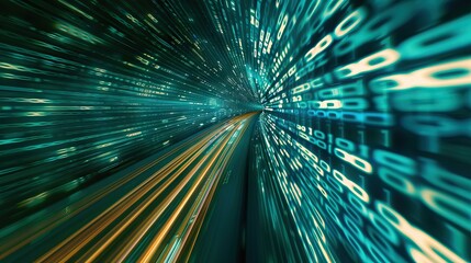 Fast moving binary code on blurred track  digital technology concept.