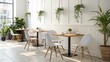 © Generate AI 11199 - A bright, minimalistic cafe interior with sleek wooden tables, Scandinavian-style chairs, and potted plants, all set against a white backdrop, creating a calming and stylish ambiance.