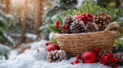 Wall Mural - basket filled with pine cones and festive ornaments nestled in fresh snow.