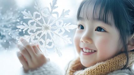 Wall Mural - Joyful girl decorating with snowflake for winter celebration