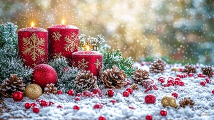 Wall Mural - Lit candles nestled in snow with pine cones and red berries, creating a cozy winter scene.