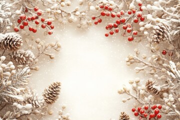 Wall Mural - snow-dusted wreath adorned with vibrant red berries and pine cones.
