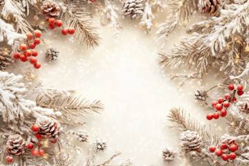 Wall Mural - Circular arrangement of snowy branches and red berries, dusted with snowflakes.