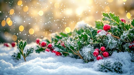 Wall Mural - snow dusts holly leaves and vibrant red berries, capturing a serene winter moment.