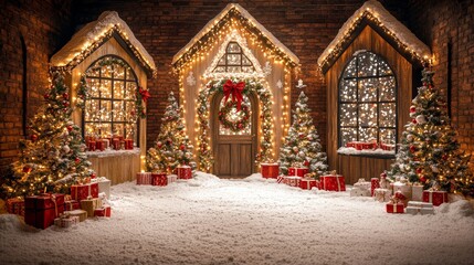 Wall Mural - Festive Christmas scene with gifts and trees outside a church.