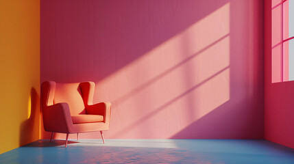 Wall Mural - Sunlight illuminating colorful minimalist room with orange armchair, creating a vibrant and modern atmosphere