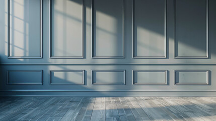 Wall Mural - Sunlight illuminating empty room with wooden floor and classic stucco wall in blue tones