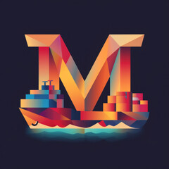 Wall Mural - Logo. A geometric rendition of a cargo ship sailing on a dark sea, forming the letter M, creating a striking and abstract design