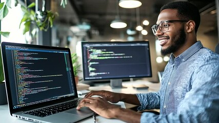 Male Programmer Working in Office with Laptop and Focused Expression