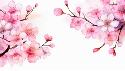 Sticker - watercolor painting of pink cherry blossom branches on white background with copy space for design and illustration